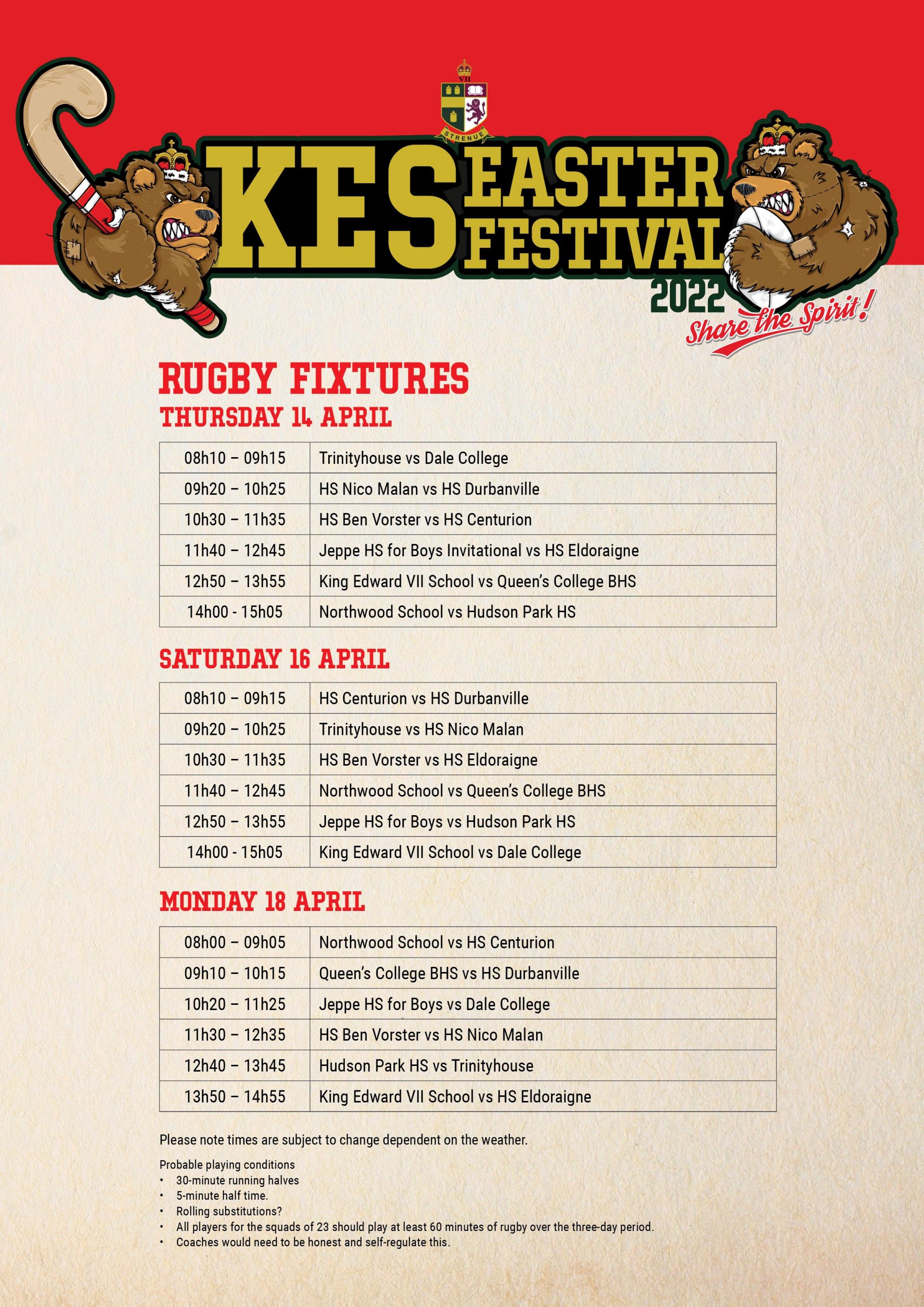 Rugby KES Easter Festival Fixtures SA School Sports