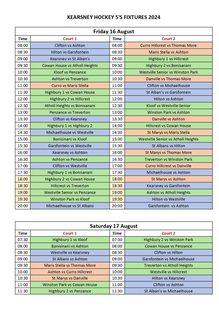 kearsney hockey 5 fixtures